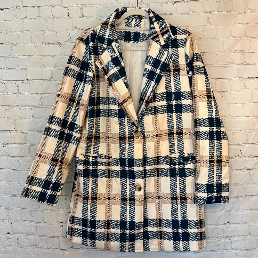 Womens Cream & Navy Plaid Single-Breasted Coat